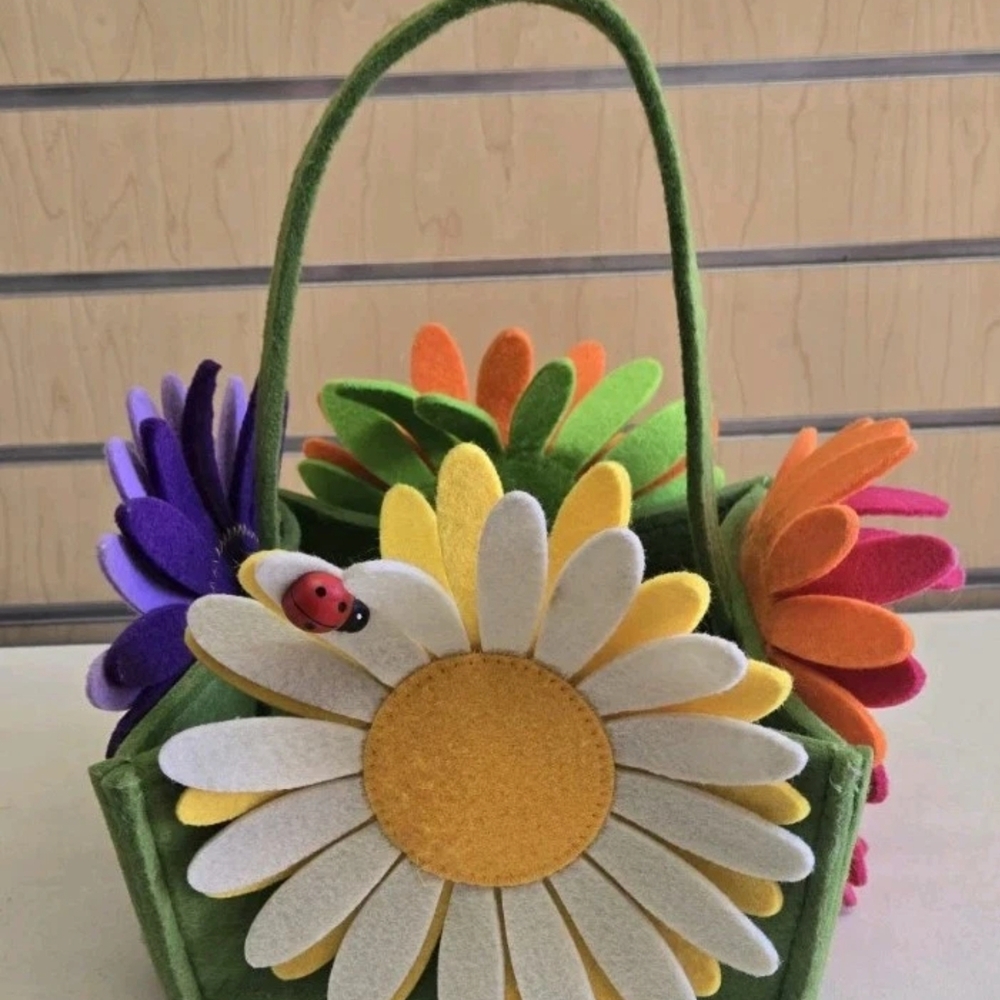 Bright Colorful Felt Flower Easter Basket 8" x 8" x 11" Tall